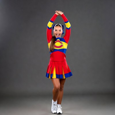 Cheerleader girl raising arms in uniform