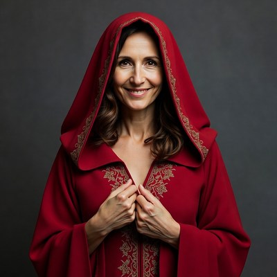 Woman smiling in red hooded robe