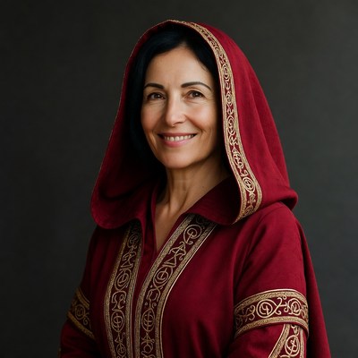 Woman in red hooded robe