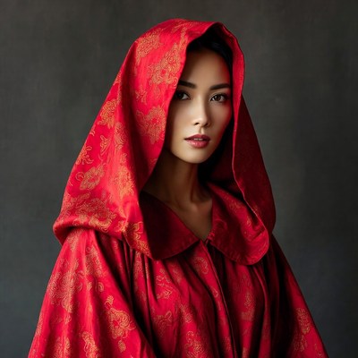 Asian woman in red hooded cloak