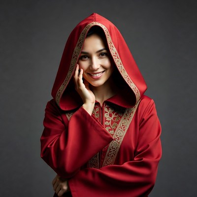 Smiling woman in red hooded robe