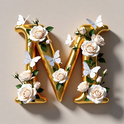 Golden M Letter with Roses and Butterflies