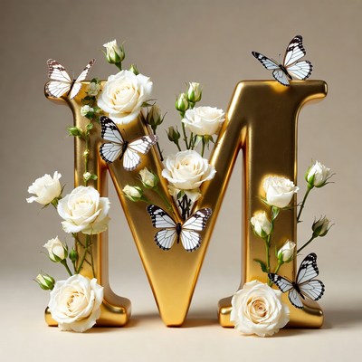 Golden M Letter with White Roses and Butterflies