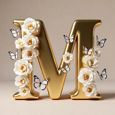Golden M Letter with Roses and Butterflies