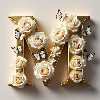 Golden M with White Roses and Butterflies