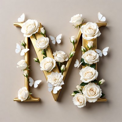Golden M Letter with White Roses Butterflies