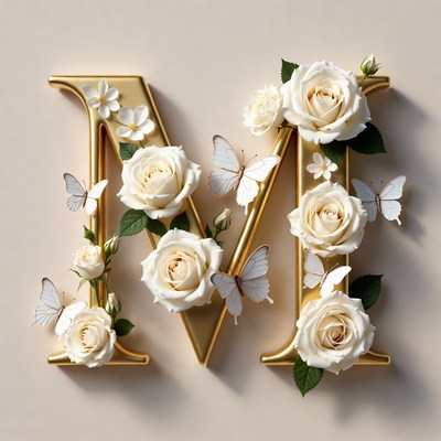 Golden M Letter with White Roses