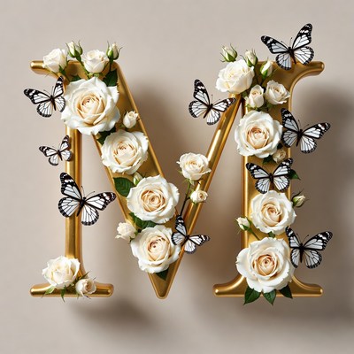 Gold M Letter with White Roses and Butterflies