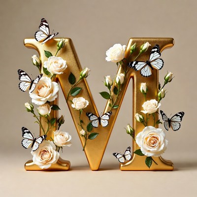 Golden M Letter with Roses and Butterflies