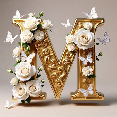 Golden M Letter with White Roses and Butterflies