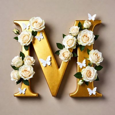 Golden M Letter with White Roses Butterflies