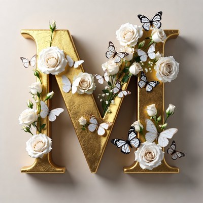 Golden M Letter with Roses and Butterflies
