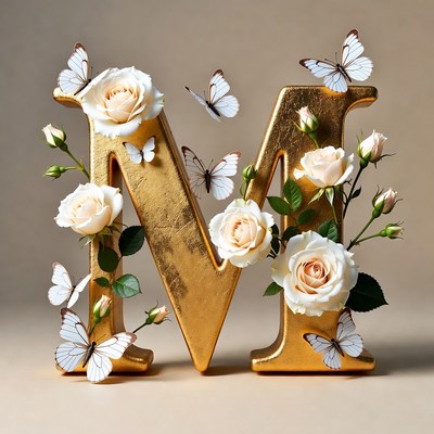 Golden M with Roses and Butterflies