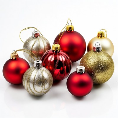 Assortment of red gold silver Christmas ornaments