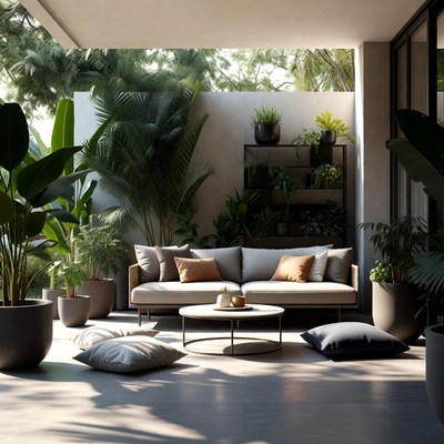 Modern Outdoor Lounge with Tropical Plants