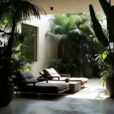 Lush Tropical Courtyard with Lounge Chairs