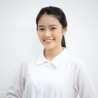 Asian woman smiling in white shirt
