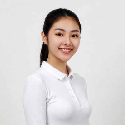 Asian woman smiling in white polo shirt