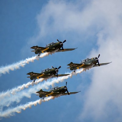 Four WWII Fighter Planes Flying in Formation