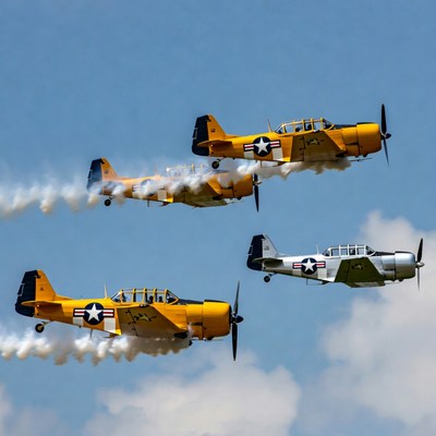 Yellow T-6 Texan Airplanes Flying in Formation