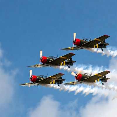 Four Yellow Harvard Trainer Planes Flying