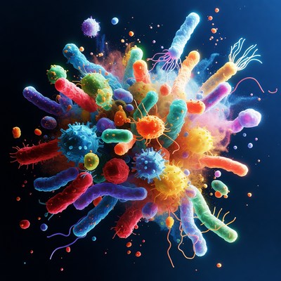 Colorful Bacteria Explosion on Blue Background