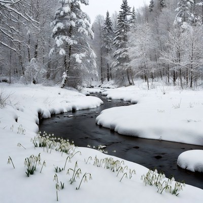 Snowy River with Snowdrops in Forest
