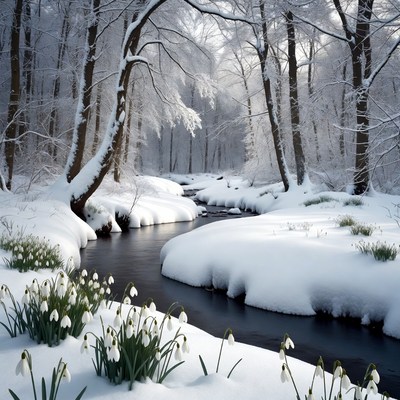 Snowy Forest Stream with Snowdrops