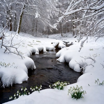 Snowy Stream with Snowdrops