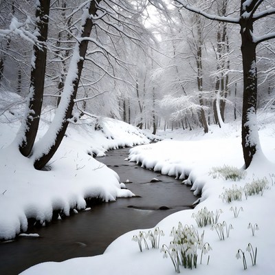 Snowy Forest with Winding Stream