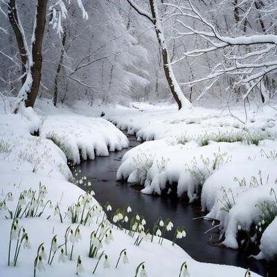 Snowy Stream with Snowdrops in Forest