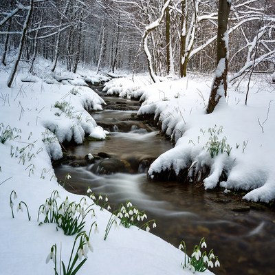 Snowy Forest Stream with Snowdrops