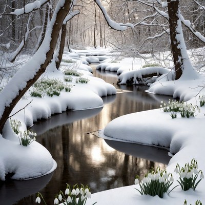 Snowy Forest Stream with Snowdrops