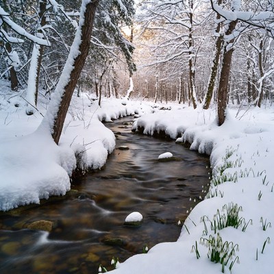 Snowy Forest Stream with Snowdrops