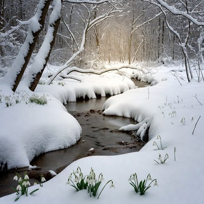 Snowy Forest Stream with Snowdrops