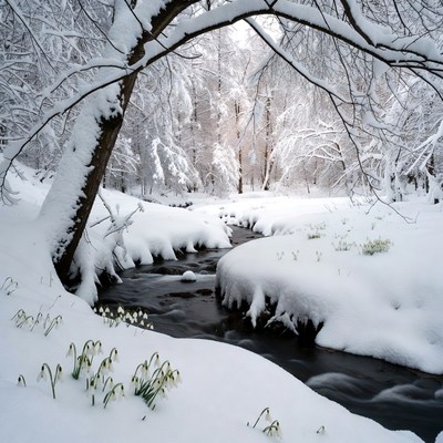 Snowy Forest with Winding Stream