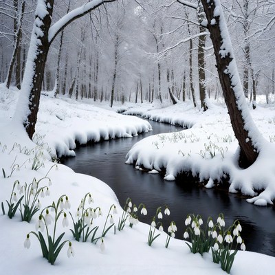 Snowy Forest with Winding Stream and Snowdrops