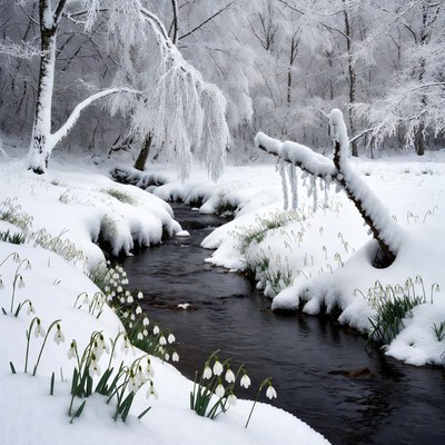 Snowy Stream with Snowdrops