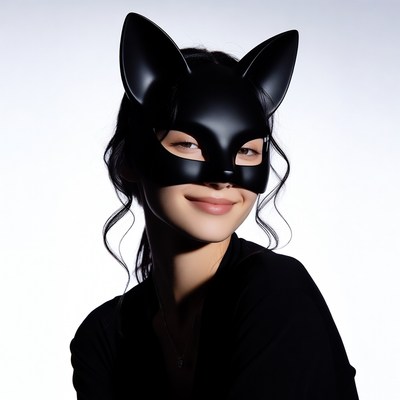 Asian woman wearing black cat mask
