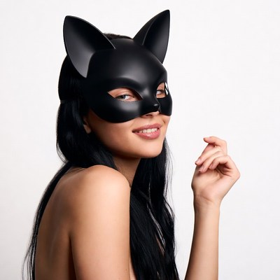 Woman wearing black cat mask
