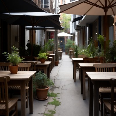Outdoor cafe alley with umbrellas