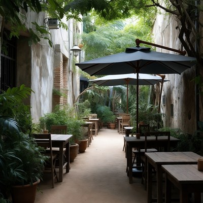 Outdoor Cafe in Lush Green Alley