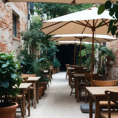 Outdoor Cafe Courtyard with Umbrellas