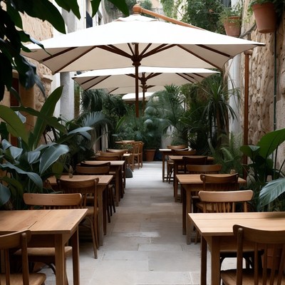 Outdoor Cafe Patio with Plants and Tables