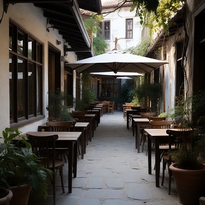 Outdoor Courtyard Cafe with Wooden Tables