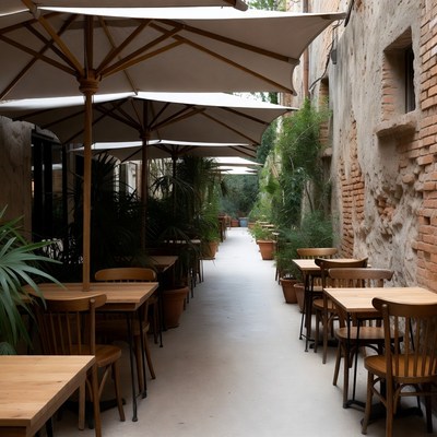 Outdoor Cafe with Umbrellas and Tables