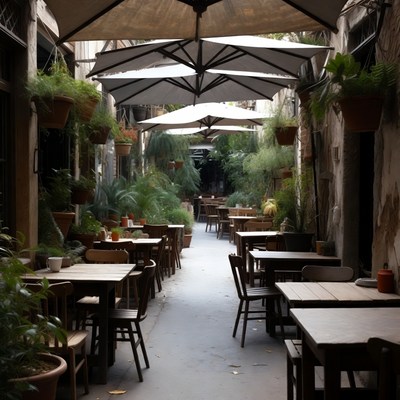 Outdoor Cafe in Lush Plant-Filled Alley
