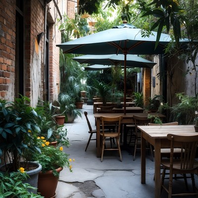 Outdoor Cafe in Lush Green Alley