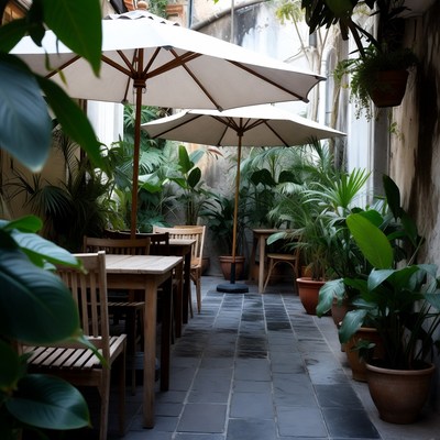 Outdoor Cafe Patio with Umbrellas and Plants