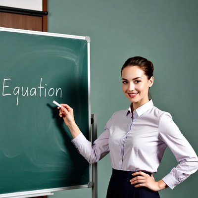 Woman teacher writing equation on whiteboard